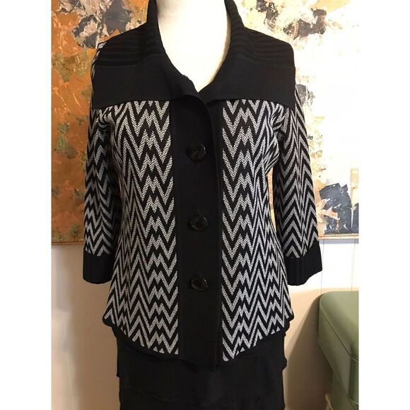 Exclusively Misook Womens PL Herringbone Print Shawl Collar Cardigan Black White - Picture 1 of 5